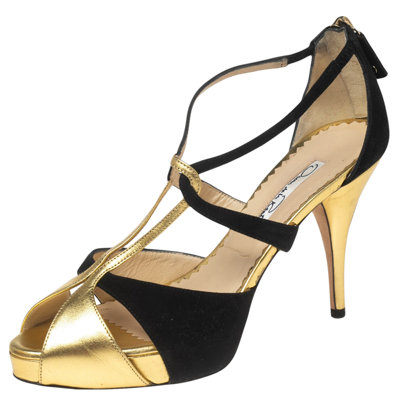 Pre-owned Oscar De La Renta Black/gold Nubuck And Leather Intertwined Ankle Strap Sandals Size 36