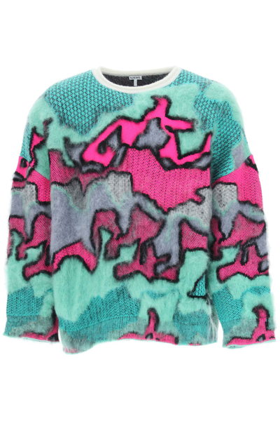 Loewe Mohair Blend Sweater With Camouflage Pattern In Fuchsia,green,black