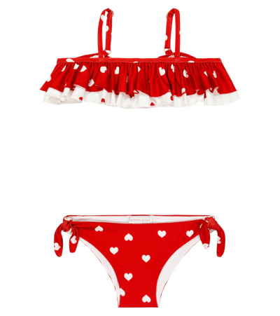 Monnalisa Kids' Heart-print Ruffled Bikini In Red + Cream