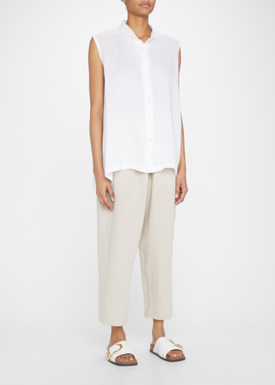 Eskandar A-line Collarless Sleeveless Linen Shirt In White
