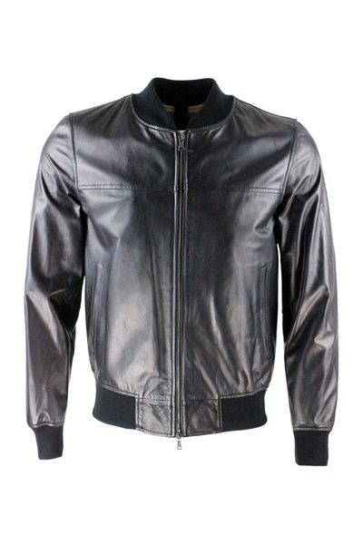 Orciani Soft Nappa Leather Jacket With Knitted College Collar, Zip Closure And Knit At The Bottom In Black