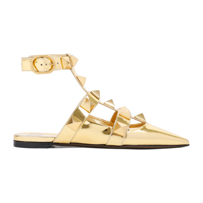 Valentino Garavani Roman Stud Metallic Ankle-strap Ballerina Flats In Yellow