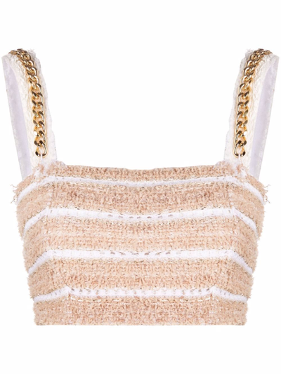 Balmain Beige And White Crop Top With Chain