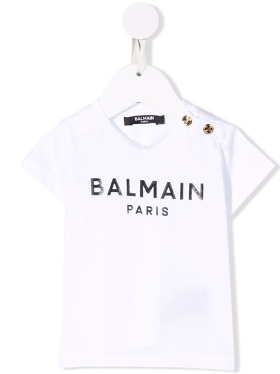 Balmain Babies' Logo印花圆领t恤 In White