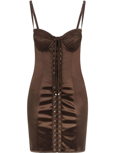 Dolce & Gabbana Stretch Satin Corset Quilted Mini Dress In Chocolate