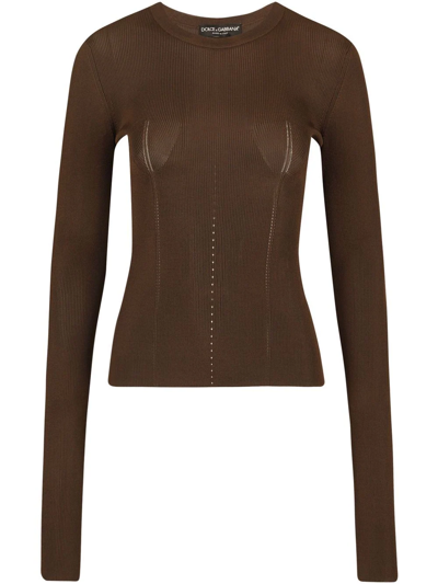 Dolce & Gabbana Ribbed Knit Top In Brown