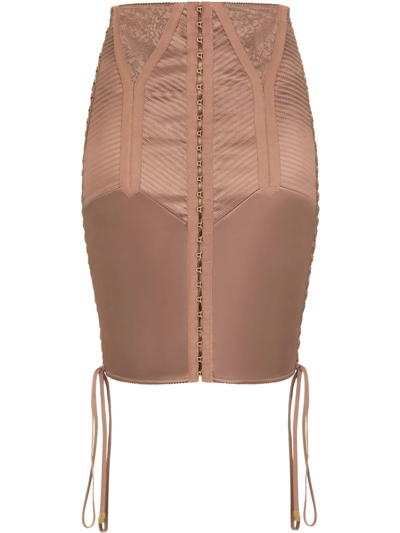 Dolce & Gabbana Short Satin Skirt With Laces And Eyelets In Brown
