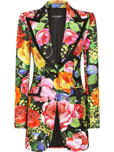 Dolce & Gabbana Floral-print Shantung Silk Blazer Jacket In Multicolor