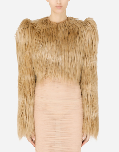 Dolce & Gabbana Faux-fur Cropped Jacket In Brown