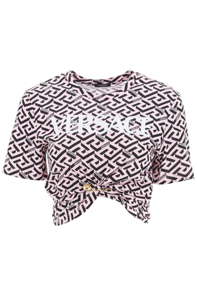 Versace Greca Signature Cropped Tee Shirt In Pink,black,white