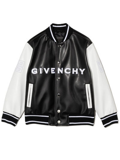 Givenchy Kids' Logo刺绣人造皮革机车夹克 In Black