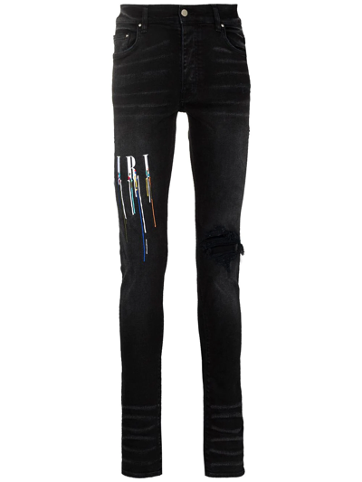 Amiri Paint Drip Logo Stretch-denim Jeans In Black