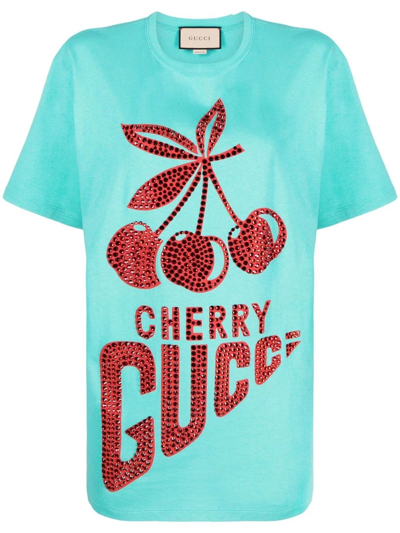 Gucci Crystal-embellished Cherry-motif T-shirt In Blue