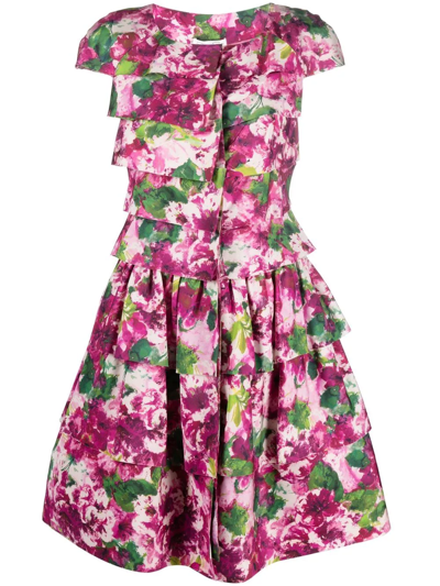 Oscar De La Renta Floral-print Tiered Dress In Pink