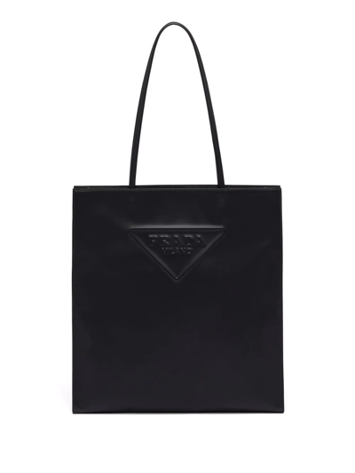 Prada Triangle Logo Leather Shopper Tote Bag In Black