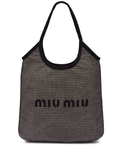 Miu Miu Logo-print Raffia Tote Bag In Black