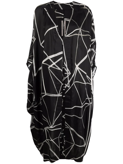 Rick Owens Linear Graphic Draped Mid Coat In Black