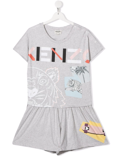 Kenzo Kids' Graphic-print Organic Cotton Playsuit In Grey