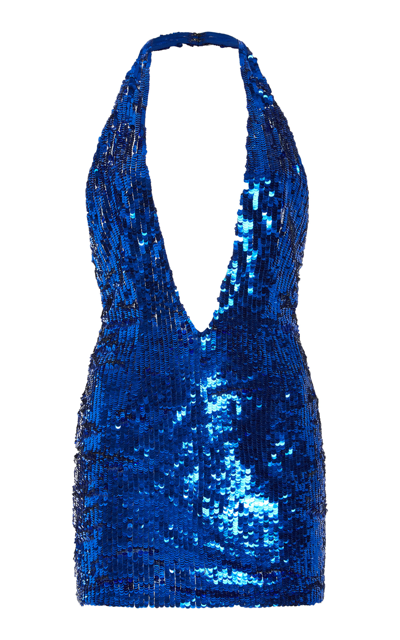 Laquan Smith Plunge Neck Paillette Halter Minidress In Blue