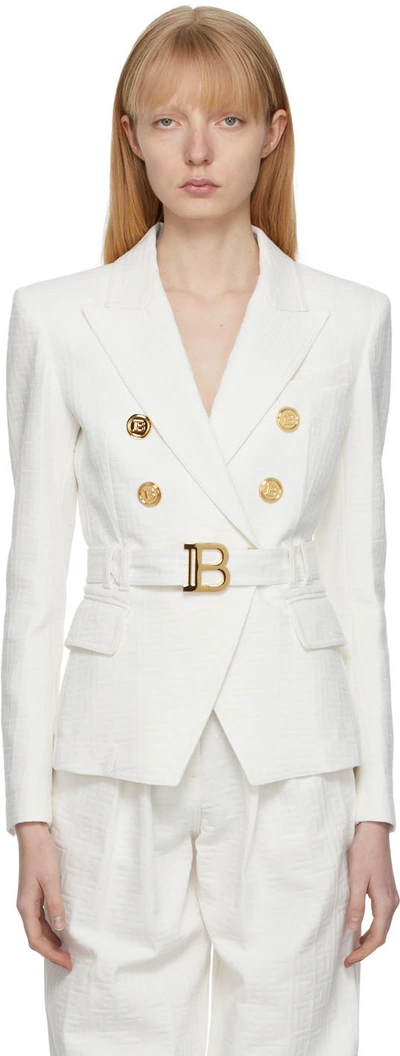 Balmain Six-button Belted Monogram Denim Jacket In White
