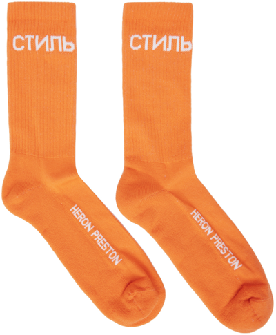 Heron Preston Orange & White Logo Long Socks In Arancione