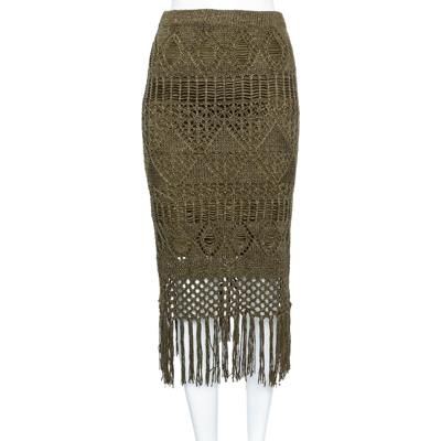 Pre-owned Polo Ralph Lauren Olive Green Open Knit Linen Fringed Midi Skirt Xs