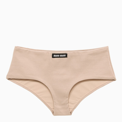 Miu Miu Powder Pink Logo-patch Coulotte Brief In Beige