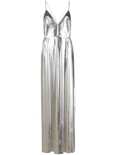 Valentino Pleated Metallic Coated-chiffon Gown In Silber