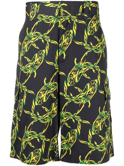 Msgm Jogging Shorts With All Over Shark Print In Black