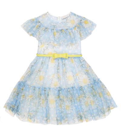 Monnalisa Kids' Floral Tulle Belted Dress In Blue