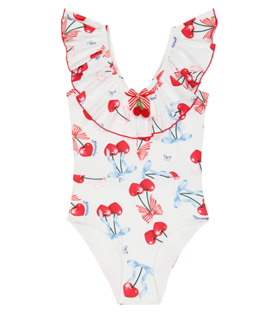 Monnalisa Kids' Cherry Printed Tech One Piece Swimsuit In White + Red