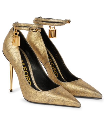 Tom Ford Padlock Denim And Leather Pumps In Gold