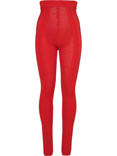 Balmain High-waisted Sheer Knitted Leggings In Rot