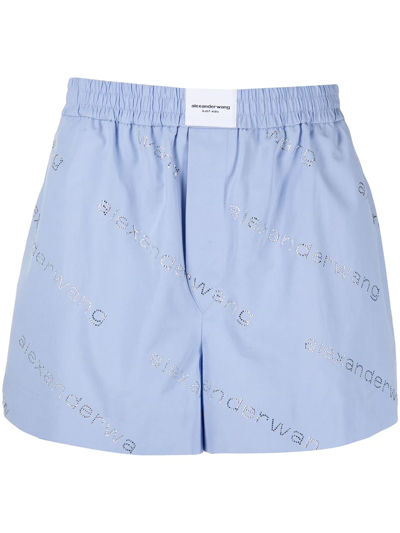 Alexander Wang Athena Crystal-embellished Cotton-poplin Shorts In Light Blue