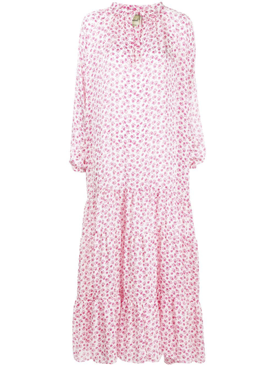 Bambah Sandra Floral-print Smocked Kaftan Dress In Weiss