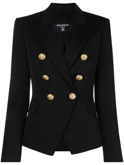 Balmain Double Breasted Wool Grain De Poudre Jacket In Black