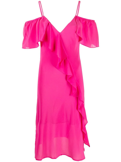 Gold Hawk Ruffle-detail V-neck Dress In Pink