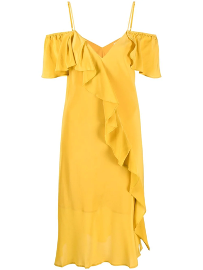 Gold Hawk Ruffle-detail V-neck Dress In Yellow