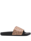 Coach Black & Tan Signature Coated Canvas Pool Slides In Khaki Signature