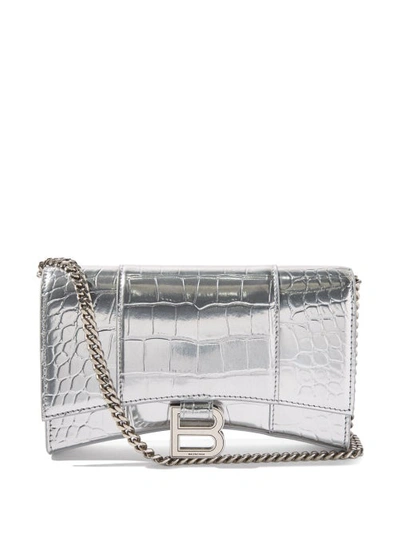 Balenciaga Hourglass Xs Metallic Croc-effect Leather Shoulder Bag In Silver