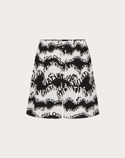 Valentino Men's Signature Wave-print Silk Shorts In Bianco Nero