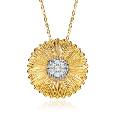 Rachel Glauber Rhodium And 14k Gold Plated Cubic Zirconia Floral Pendant Necklace In Two-tone