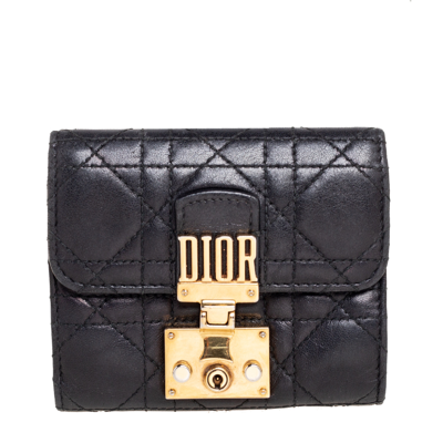 Pre-owned Dior Black Cannage Leather Addict Compact Wallet