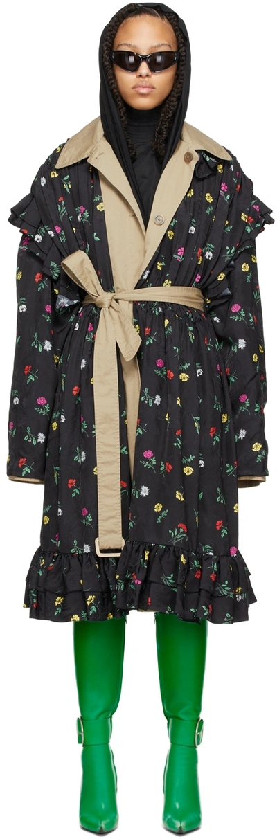 Balenciaga Reversible Floral Jacquard Cotton Trench Coat In Black