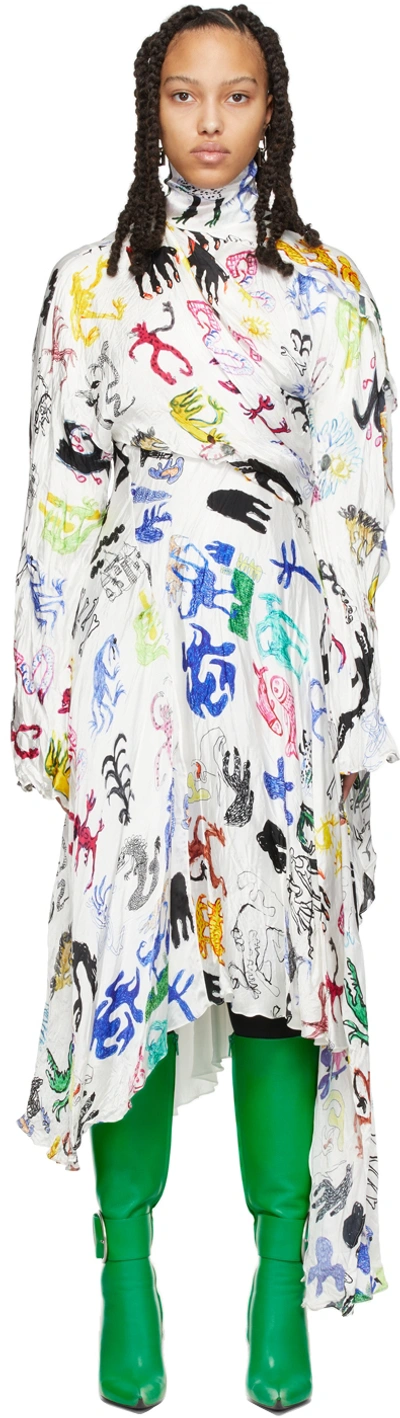 Balenciaga Doodles Draped Asymmetric Printed Satin Dress In White