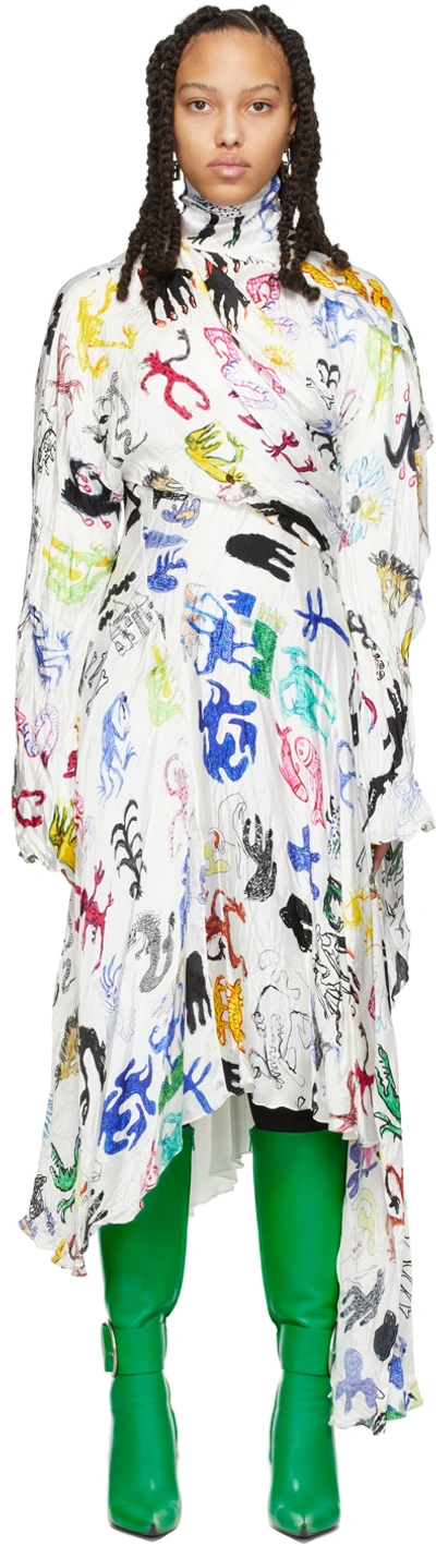 Balenciaga Multicolor Artist Doodles Twisted Flou Viscose Dress In White