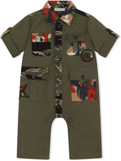 Dolce & Gabbana Babies' Camouflage-print Utility Romper In Green