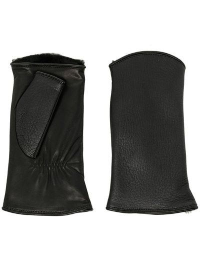 Agnelle Pauline Fur-lined Leather Fingerless Gloves In Black