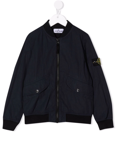 Stone Island Junior Kids Bomber Jacket In Navy Blue Technical Fabric With Logo