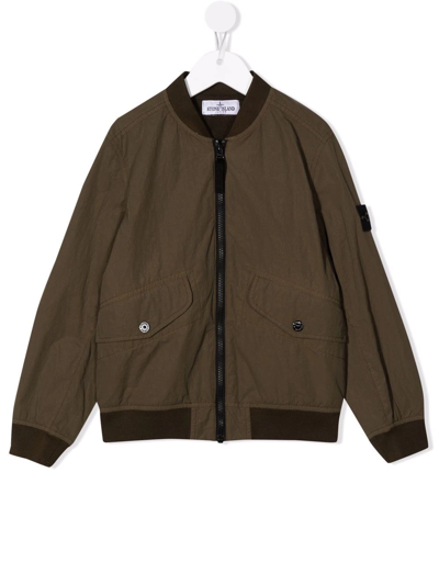 Stone Island Junior Kids Bomber Jacket In Military Green Technical Fabric With Logo